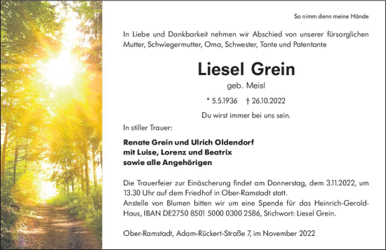 Traueranzeige von Liesel Grein von vrm-trauer Darmstädter Echo