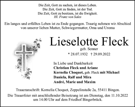 Traueranzeige von Lieselotte Fleck von vrm-trauer Allgemeine  Zeitung Ingelheim-Bingen