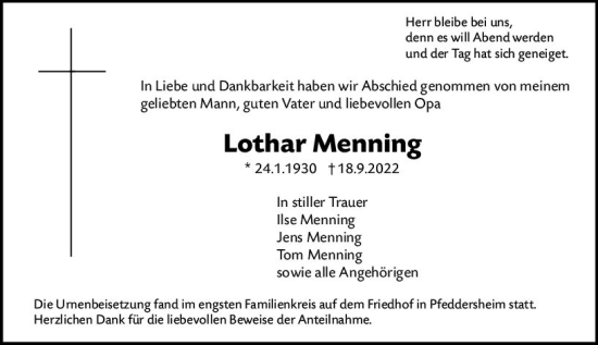 Traueranzeige von Lothar Menning von vrm-trauer Wormser Zeitung