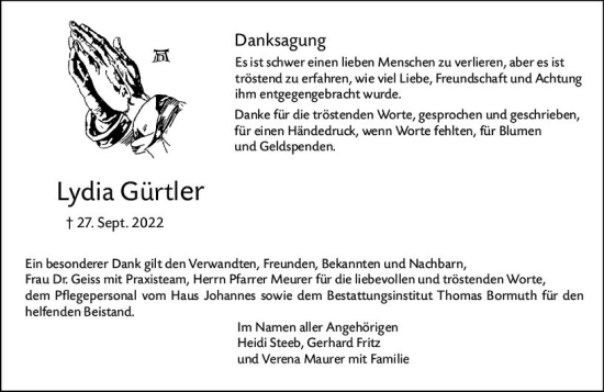 Traueranzeige von Lydia Gürtler von vrm-trauer Bürstädter/Lamperth. Ztg/Starkenburger
