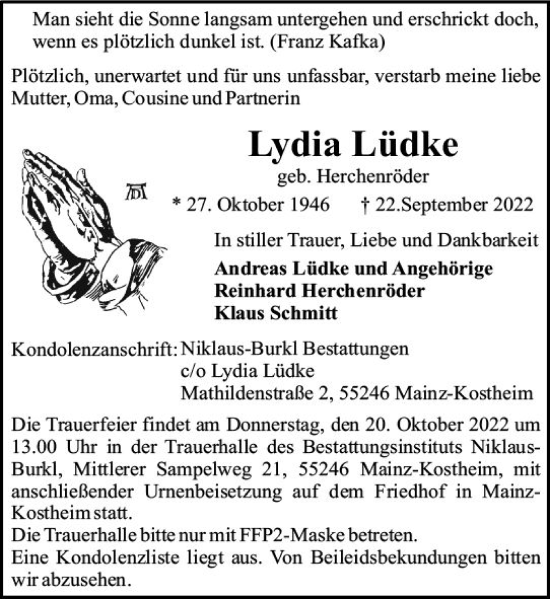 Traueranzeige von Lydia Lüdke von vrm-trauer AZ Mainz