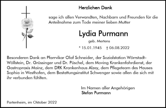 Traueranzeige von Lydia Purmann von vrm-trauer Allgemeine Zeitung Alzey