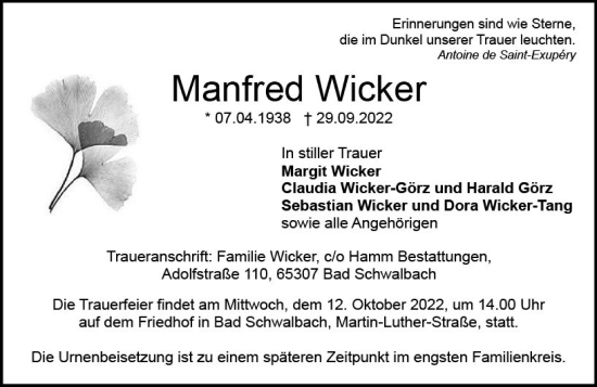 Traueranzeige von Manfred Wicker von vrm-trauer WK-UTA