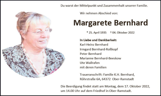 Traueranzeige von Margarete Bernhard von vrm-trauer Darmstädter Echo