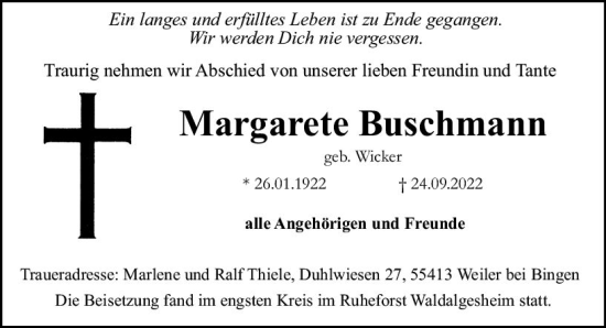 Traueranzeige von Margarete Buschmann von vrm-trauer Allgemeine  Zeitung Ingelheim-Bingen