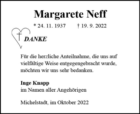 Traueranzeige von Margarete Neff von vrm-trauer Odenwälder Echo