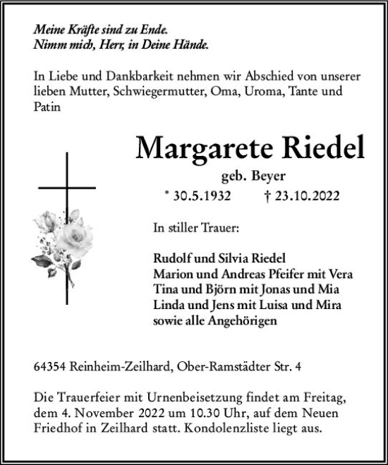 Traueranzeige von Margarete Riedel von vrm-trauer Darmstädter Echo