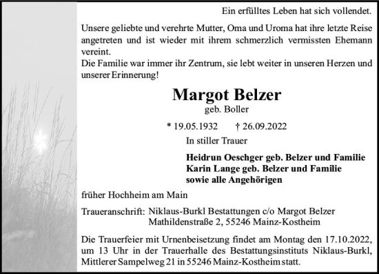 Traueranzeige von Margot Belzer von vrm-trauer AZ Mainz