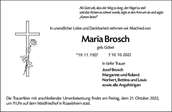 Traueranzeige von Maria Brosch von vrm-trauer Rüsselsheimer Echo / MainSpitze