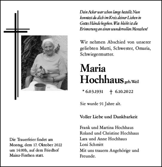 Traueranzeige von Maria Hochhaus von vrm-trauer AZ Mainz