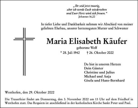 Traueranzeige von Maria Elisabeth Käufer von vrm-trauer Allgemeine Zeitung Alzey
