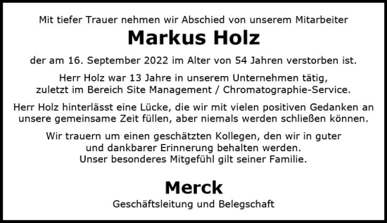 Traueranzeige von Markus Holz von vrm-trauer Darmstädter Echo