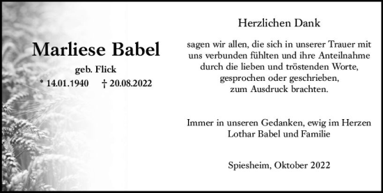 Traueranzeige von Marliese Babel von vrm-trauer Allgemeine Zeitung Alzey