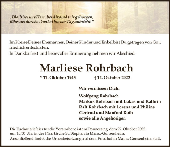 Traueranzeige von Marliese Rohrbach von vrm-trauer AZ Mainz
