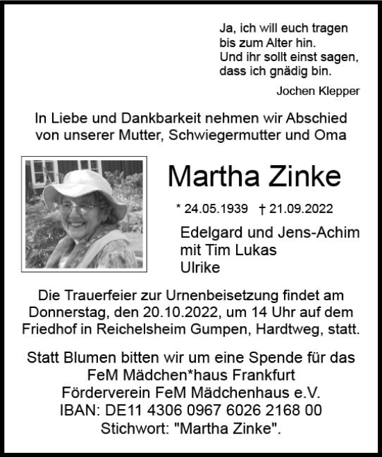 Traueranzeige von Martha Zinke von vrm-trauer Darmstädter Echo