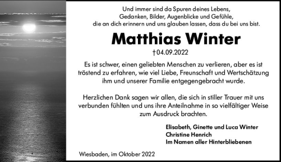 Traueranzeige von Matthias Winter von vrm-trauer Wiesbadener Kurier