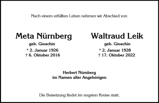 Traueranzeige von Meta Nürnberg von vrm-trauer Wiesbadener Kurier