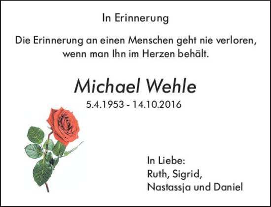 Traueranzeige von Michael Wehle von vrm-trauer Wiesbadener Kurier