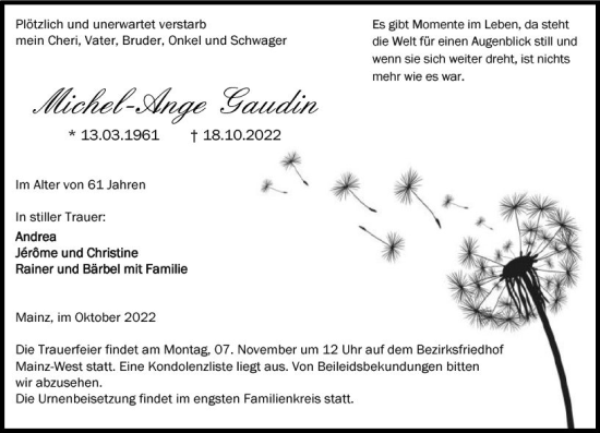 Traueranzeige von Michel-Ange Gaudin von vrm-trauer AZ Mainz