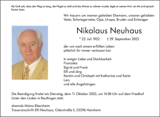 Traueranzeige von Nikolaus Neuhaus von vrm-trauer AZ Mainz