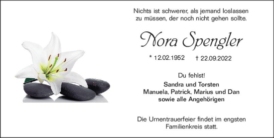Traueranzeige von Nora Spengler von vrm-trauer Darmstädter Echo