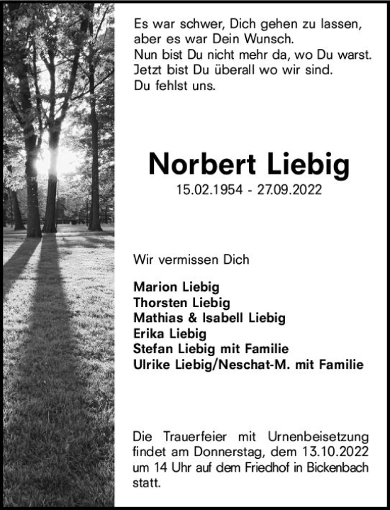 Traueranzeige von Norbert Liebig von vrm-trauer Darmstädter Echo