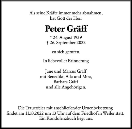 Traueranzeige von Peter Gräff von vrm-trauer Allgemeine  Zeitung Ingelheim-Bingen