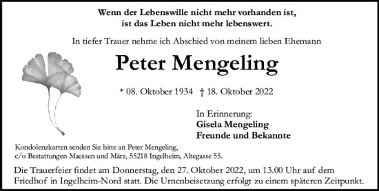 Traueranzeige von Peter Mengeling von vrm-trauer Allgemeine  Zeitung Ingelheim-Bingen