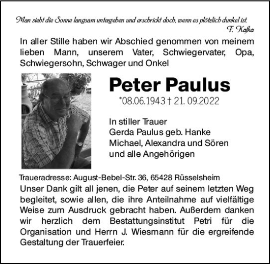 Traueranzeige von Peter Paulus von vrm-trauer Rüsselsheimer Echo / MainSpitze