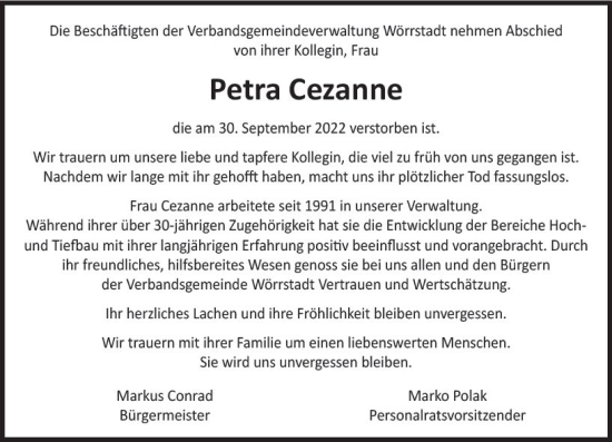 Traueranzeige von Petra Cezanne von vrm-trauer Allgemeine Zeitung Alzey