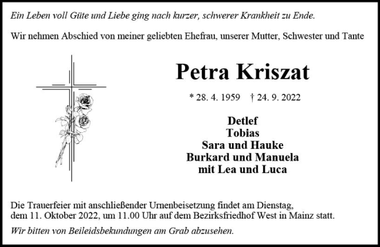 Traueranzeige von Petra Kriszat von vrm-trauer AZ Mainz