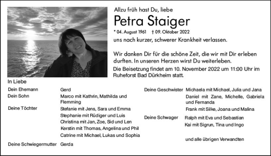 Traueranzeige von Petra Staiger von vrm-trauer Wormser Zeitung