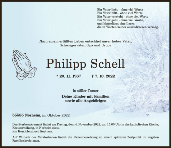 Traueranzeige von Philipp Schell von vrm-trauer Allg. Zeitung Bad Kreuznach