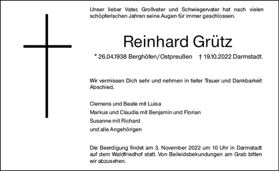 Traueranzeige von Reinhard Grütz von vrm-trauer Darmstädter Echo