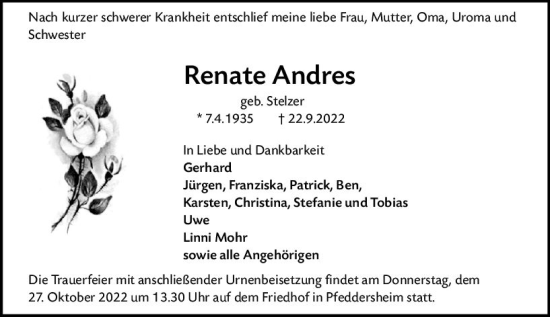 Traueranzeige von Renate Andres von vrm-trauer Wormser Zeitung
