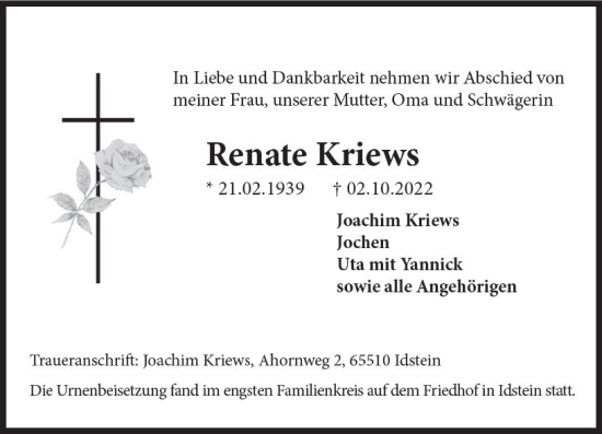 Traueranzeige von Renate Kriews von vrm-trauer Idsteiner Zeitung