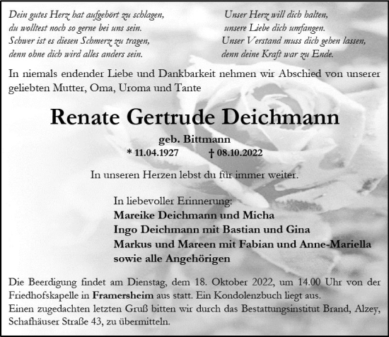 Traueranzeige von Renate Gertrude Deichmann von vrm-trauer Allgemeine Zeitung Alzey
