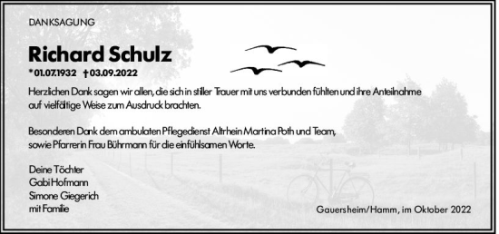 Traueranzeige von Richard Schulz von vrm-trauer Wormser Zeitung