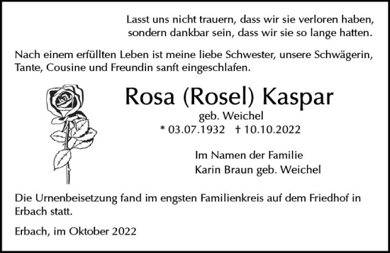 Traueranzeige von Rosa Kaspar von vrm-trauer Odenwälder Echo