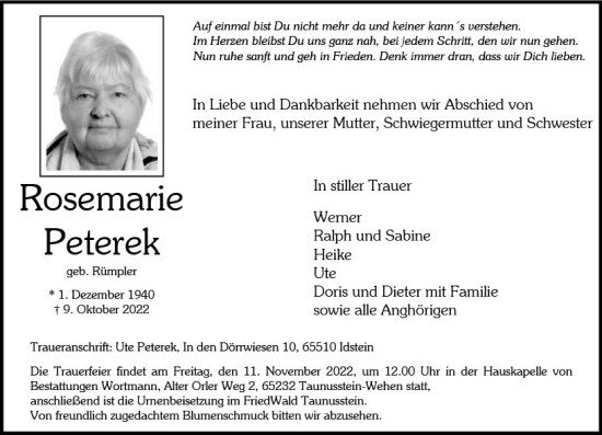 Traueranzeige von Rosemarie Peterek von vrm-trauer Wiesbadener Kurier