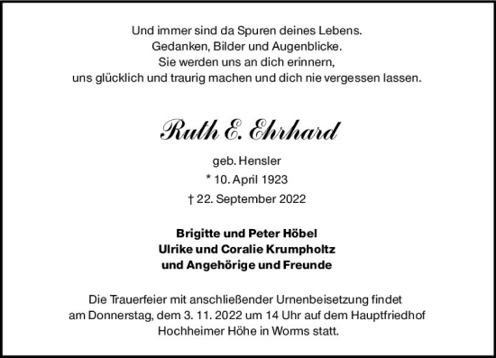 Traueranzeige von Ruth E. Ehrhard von vrm-trauer Wormser Zeitung