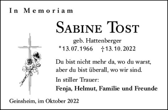Traueranzeige von Sabine Tost von vrm-trauer Groß-Gerauer Echo