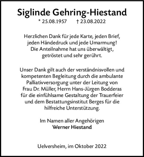 Traueranzeige von Siglinde Gehring-Hiestand von vrm-trauer AZ Mainz