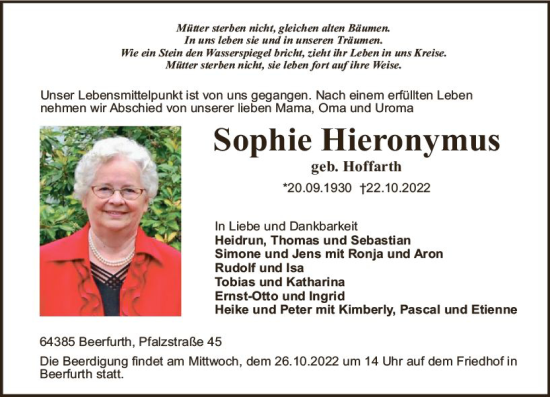 Traueranzeige von Sophie Hieronymus von vrm-trauer Odenwälder Echo