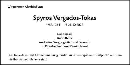 Traueranzeige von Spyros Vergados-Tokas von vrm-trauer Rüsselsheimer Echo / MainSpitze