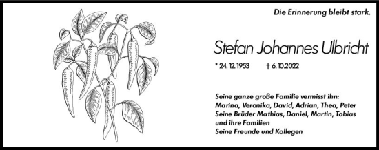 Traueranzeige von Stefan Johannes Ulbricht von vrm-trauer AZ Mainz