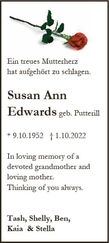 Traueranzeige von Susan Ann Edwards von vrm-trauer Allgemeine Zeitung Alzey