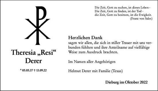 Traueranzeige von Theresia Derer von vrm-trauer DieburgerAnzeiger/Groß-Zimmerner Lokala