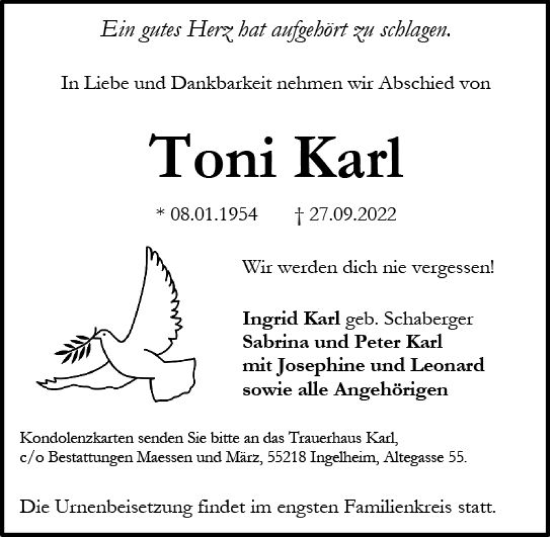 Traueranzeige von Toni Karl von vrm-trauer Allgemeine  Zeitung Ingelheim-Bingen