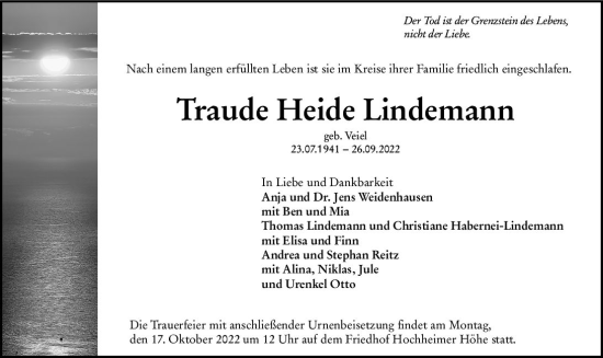 Traueranzeige von Traude Heide Lindemann von vrm-trauer Wormser Zeitung